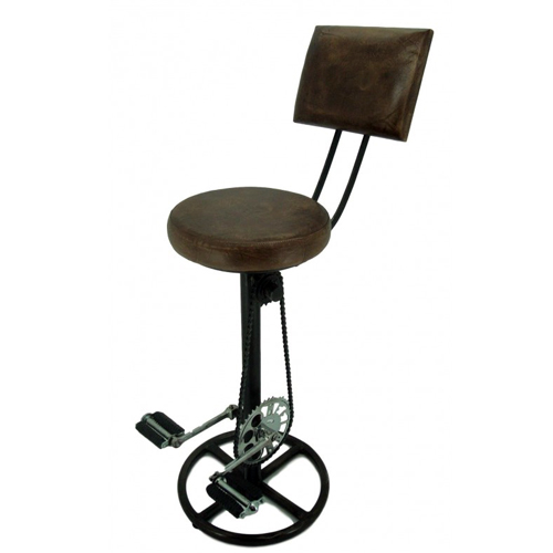 Retro Bar Stool with Bike Pedals and Leather Back