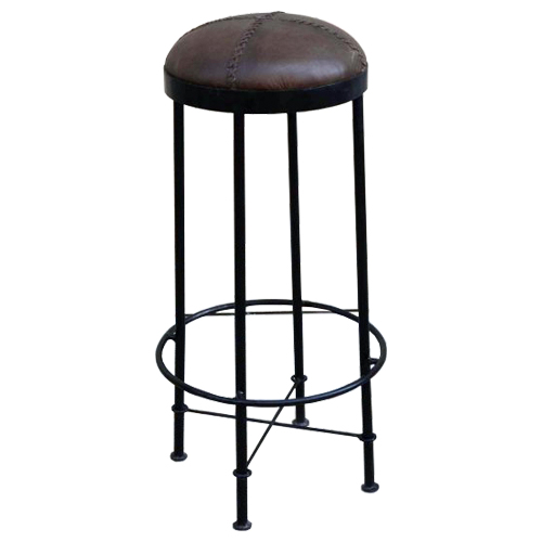 Retro Bar Stool with Iron Legs and Leather Seat